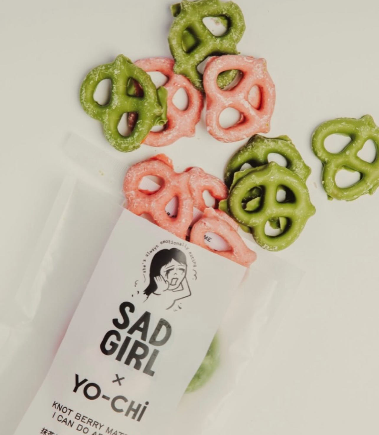 SAD GIRL MATCHA - KNOT BERRY MATCHA I CAN DO ABOUT IT - RASPBERRY X MATCHA CHOCOLATE PRETZELS
