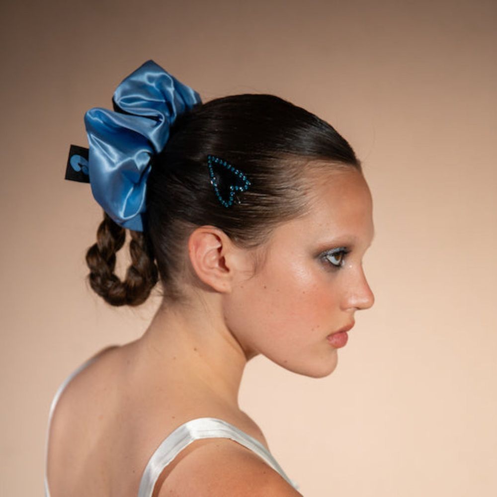 CHUNKS Large Silk Scrunchie In Black + Blue