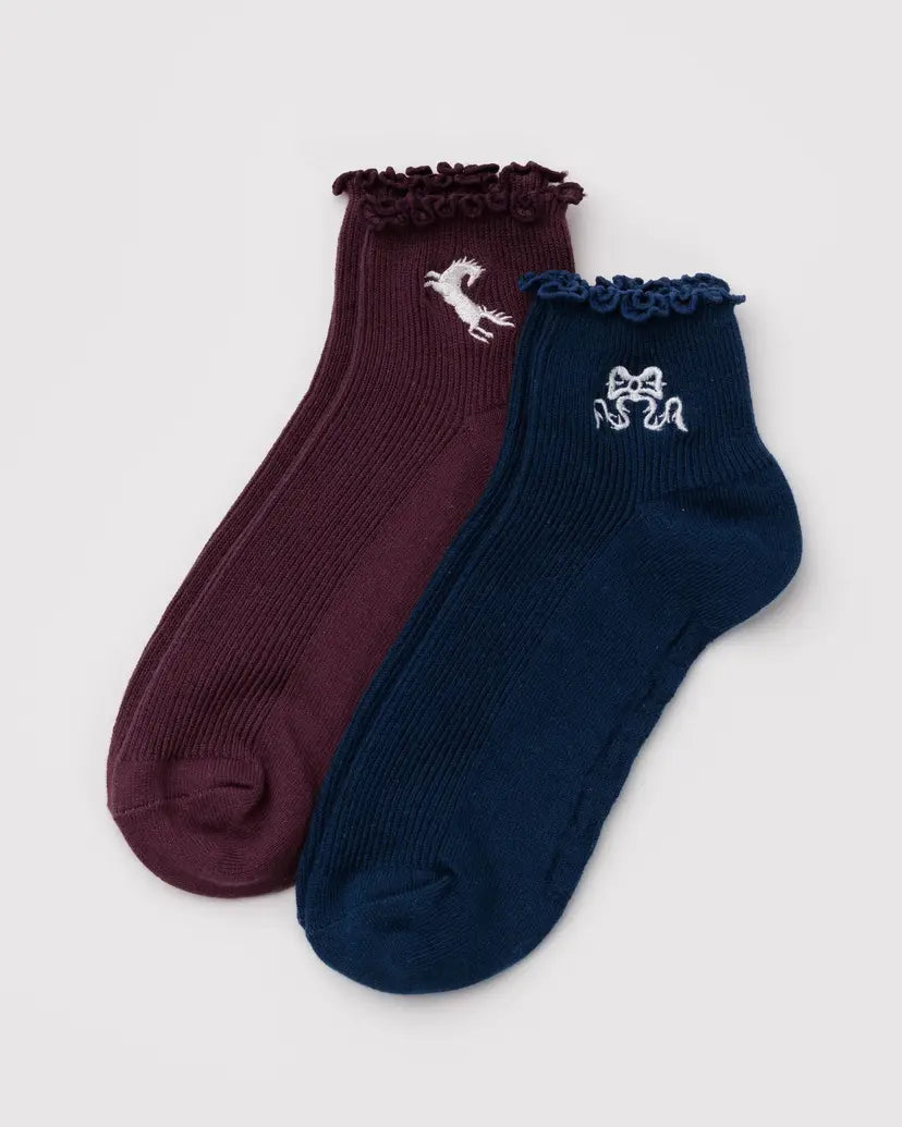 BAGGU - Lettuce Edge Sock Set of 2 - Mahogany & Navy Icons